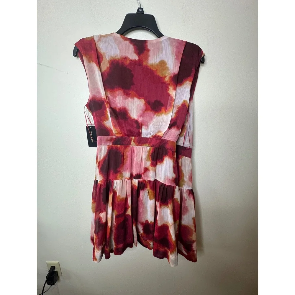Taylor Burgundy Pink Watercolor Floral Chiffon V-Neck Belted Dress - Picture 7 of 7